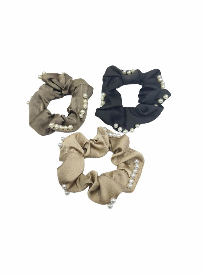 Fairytale Pearl Embellished Hair Scrunchies, Elegant Satin Hair Ties,Brown Black and Beige, Women Girl Hair Rubber Band. - Image 2