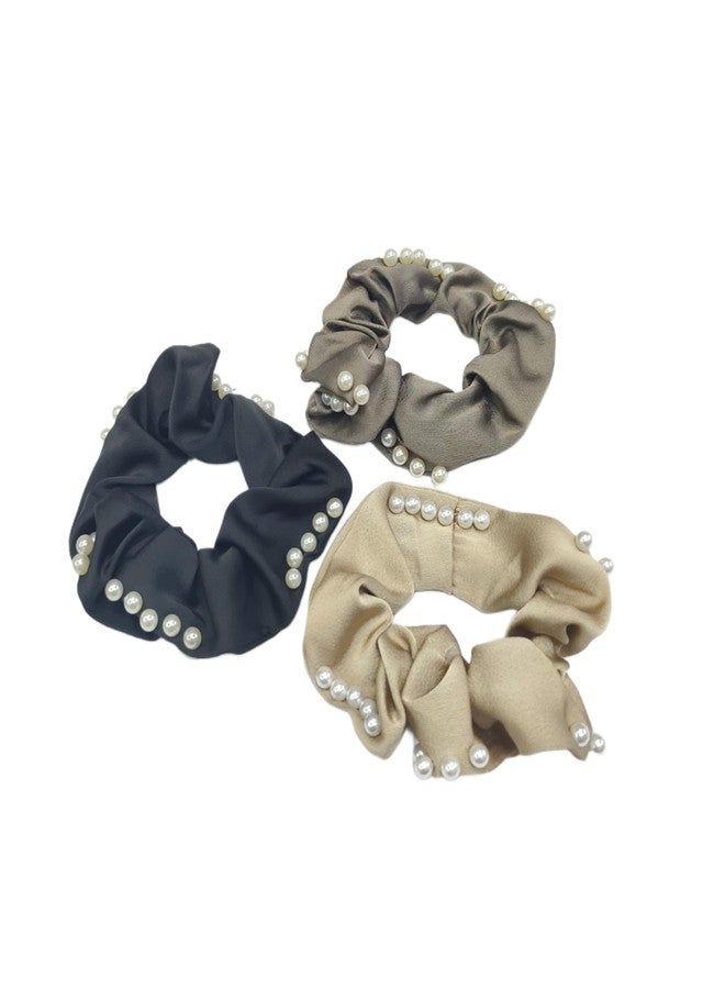 Fairytale Pearl Embellished Hair Scrunchies, Elegant Satin Hair Ties,Brown Black and Beige, Women Girl Hair Rubber Band. - Image 3