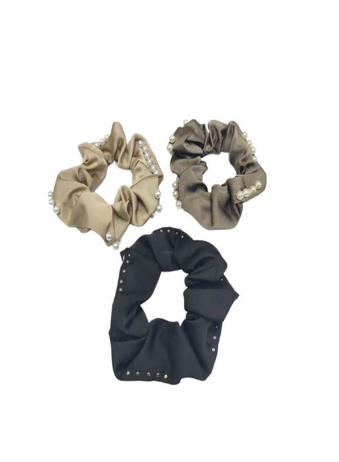 Fairytale Pearl Embellished Hair Scrunchies, Elegant Satin Hair Ties,Brown Black and Beige, Women Girl Hair Rubber Band. - Image 5