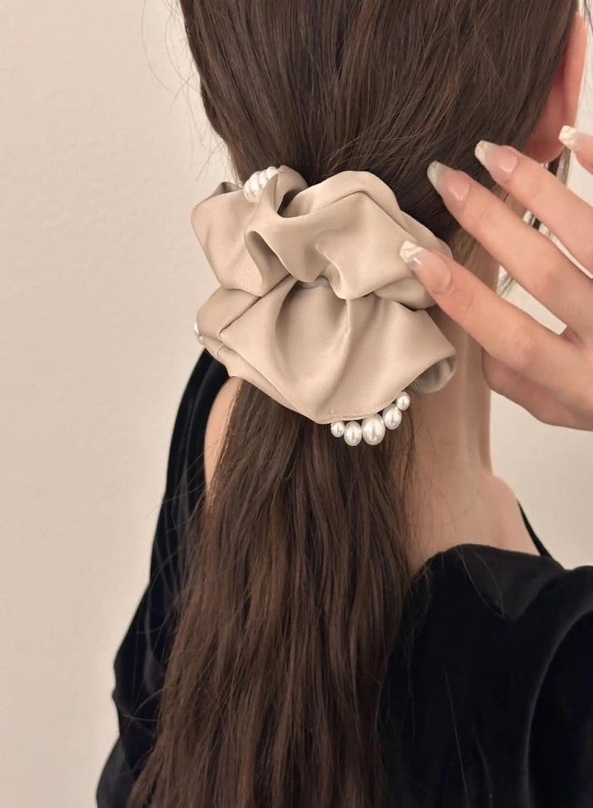 Fairytale Pearl Embellished Hair Scrunchies, Elegant Satin Hair Ties,Brown Black and Beige, Women Girl Hair Rubber Band. - Image 4