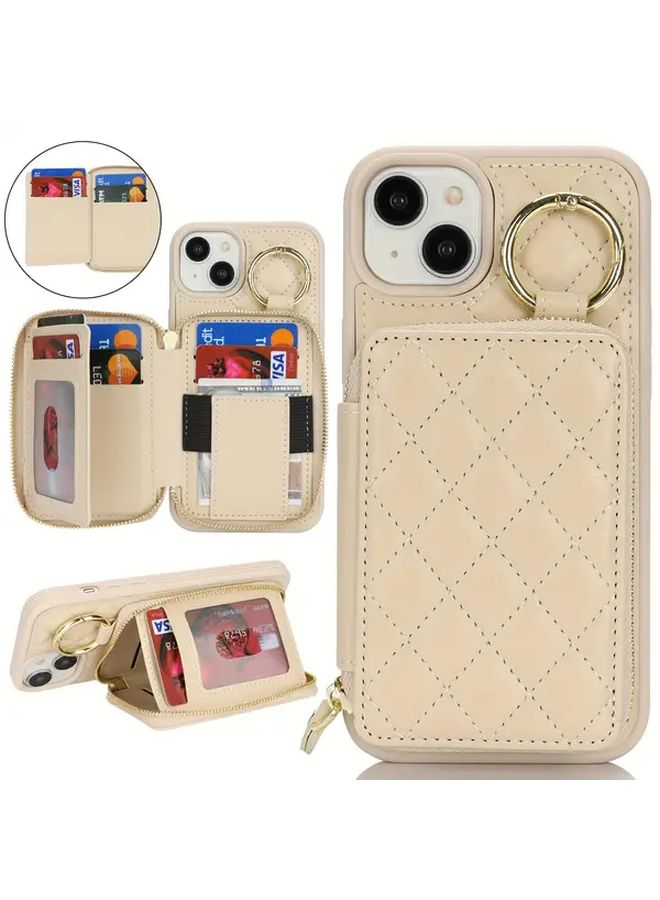 حافظة هاتف طراز ليوبارد باللون الكاكي لآيفون 14 بلس مع فتحة لبطاقات الائتمان وحجرة بسحاب وحلقة حامل - Image 1