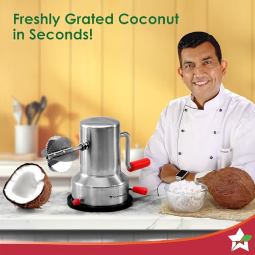 Wonderchef واندرشيف كوكو نت سكرابر، جسم من الفولاذ المقاوم للصدأ المتين، شفرات حادة، أداة مطبخ عملية متينة للطاولة، قاعدة شفط للاستقرار، مبشرة ومقشرة، آمنة وسريعة، فضية - Image 3