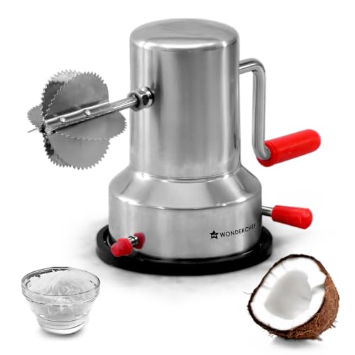 Wonderchef واندرشيف كوكو نت سكرابر، جسم من الفولاذ المقاوم للصدأ المتين، شفرات حادة، أداة مطبخ عملية متينة للطاولة، قاعدة شفط للاستقرار، مبشرة ومقشرة، آمنة وسريعة، فضية - Image 1