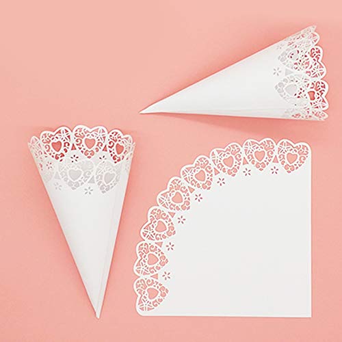 Xloey 102PCS Wedding Cones, Hollow Confetti Cones Laser Cut Hollow Heart Pattern Confetti Lace Paper Cones Bouquet Candy Gift Boxes Chocolate Bags for Party Wedding Favor White - Image 1