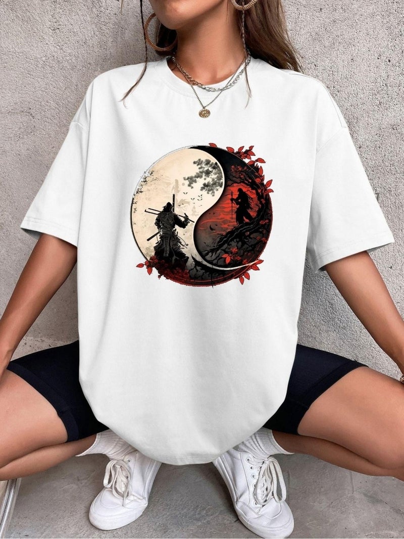 Tbas Yin Yang Design Cotton Oversize T-Shirt. Yin Yang and Samurai Themed Unisex T-Shirt - Image 4