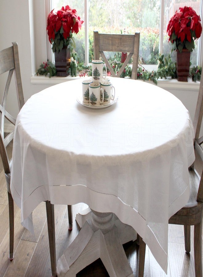 CleverDelights White Hemstitch Square Tablecloth - 60 x 60 Inch - 55/45 Linen Cotton Blend - Image 1