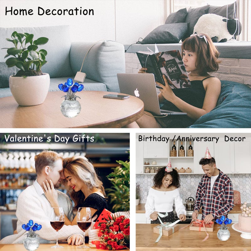 Movdyka Blue Rose Flower Crystal Figurine with Vase  Bouquet Flowers Ornament Gifts for Wife Girlfriend Women   Handmade Crystal Flower Collectible Home Table Decor for Valentine's Day Wedding Anniversary - Image 4