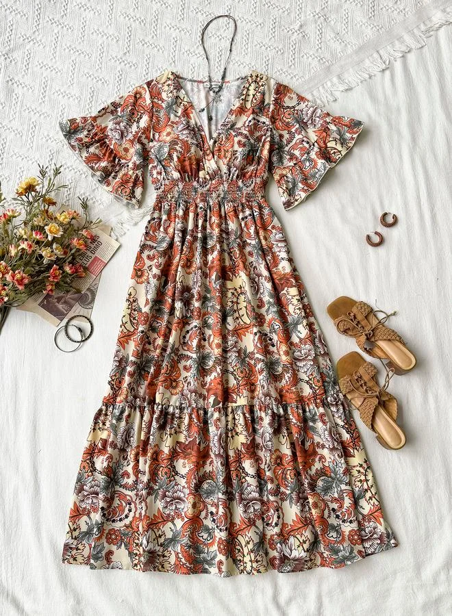 Bohemian Floral Smock Ankle-Length Dress with Short Sleeves