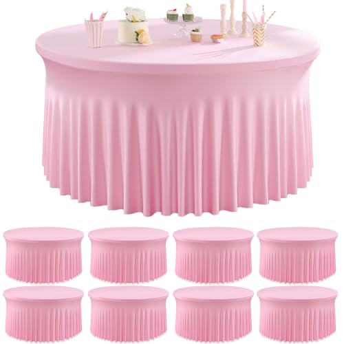 Htper 6 Pack Spandex Pink Round Tablecloth for 60in Table, Stretchy 120inch Fitted Tablecloths 5ft, Wrinkle Free Round Tablecovers Skirt for Wedding Birthday Parties Banquet - Image 1