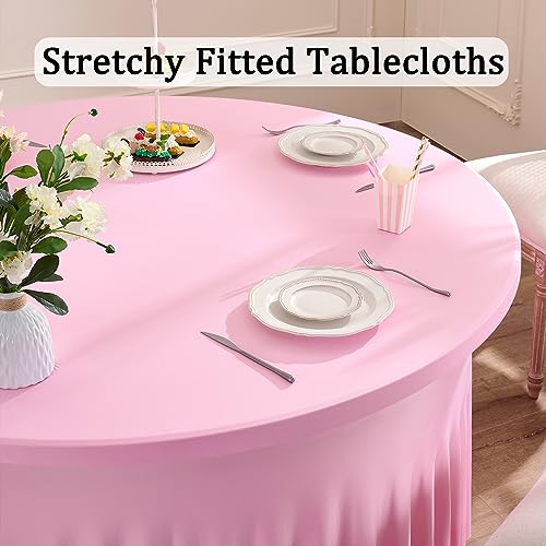 Htper 6 Pack Spandex Pink Round Tablecloth for 60in Table, Stretchy 120inch Fitted Tablecloths 5ft, Wrinkle Free Round Tablecovers Skirt for Wedding Birthday Parties Banquet - Image 2