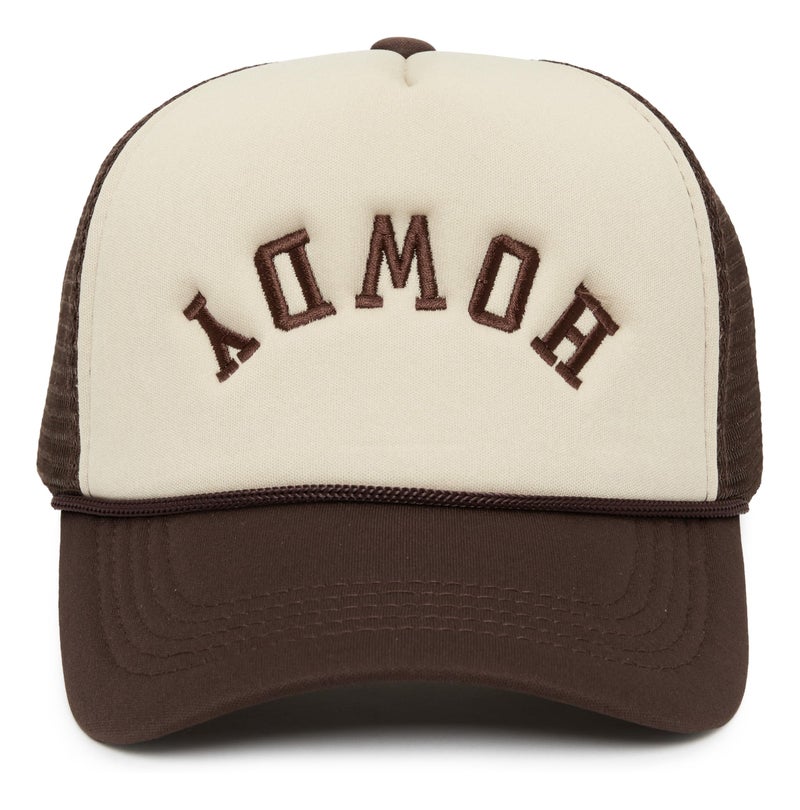 Funky Junque Foam Trucker Hat â€“ Funny Mesh Back Baseball Cap for Men & Women, Cowboy Chic Party Hat, Trendy Womens Trucker Hats - Howdy (Upside Down) - Brown/Beige - Image 1