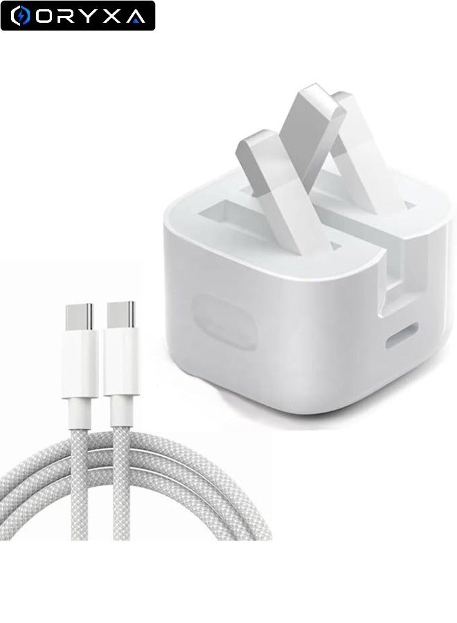 ORYXA 35W Type C Charger, USB C PD Fast Wall Charger UK Plug with 2m Braided USB C to USB C Cable, Compatible with iPhone 17/16/15 Plus/Pro Max, iPad Pro/Air, Samsung Galaxy - White - Image 1