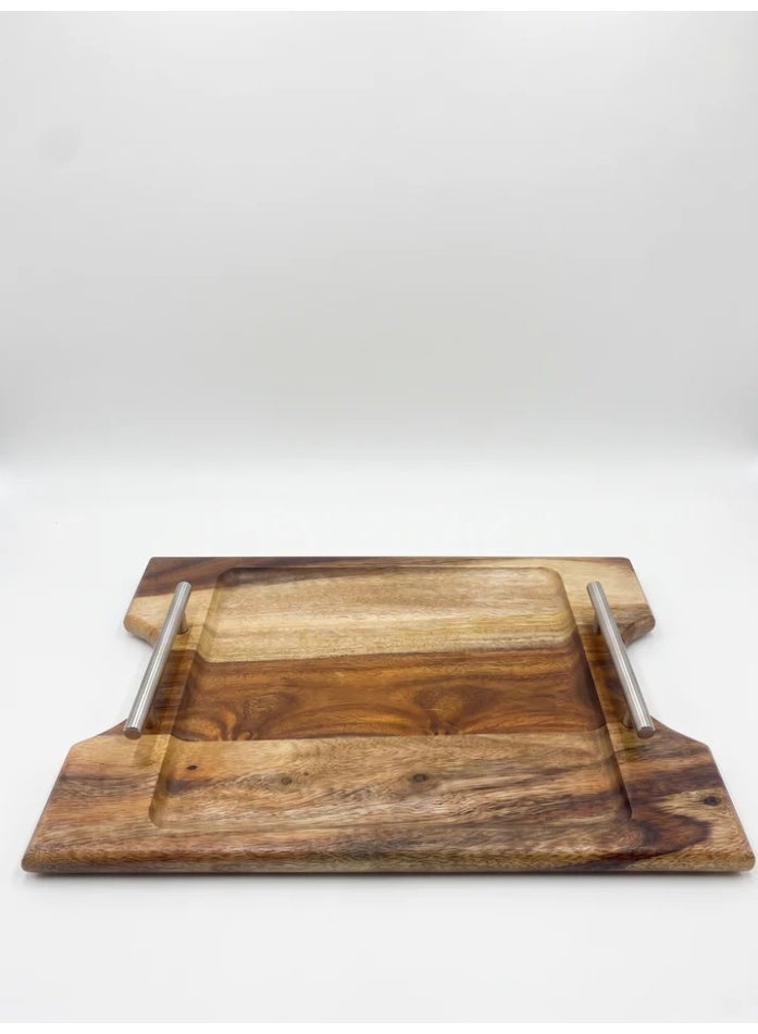 HomePro Summit 45x30 cm Premium Natural Wood Serving Tray / Large Rectangular Charcuterie Board with Stainless Steel Handles, Rustic Modern Decor - Image 2