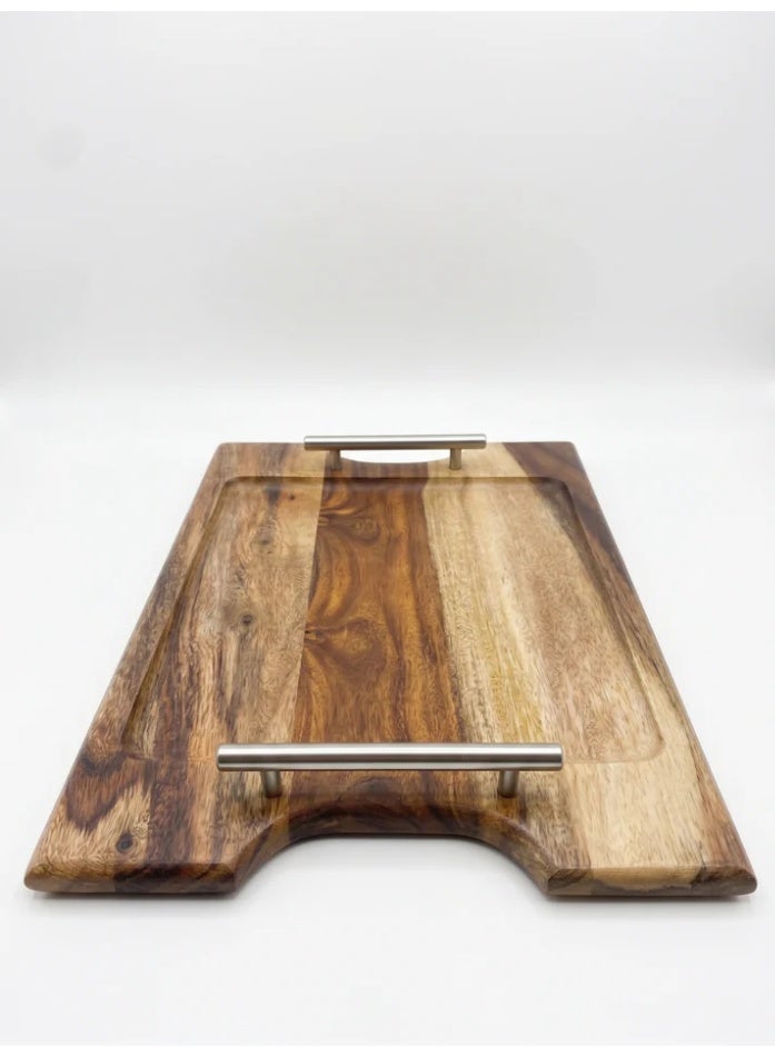 HomePro Summit 45x30 cm Premium Natural Wood Serving Tray / Large Rectangular Charcuterie Board with Stainless Steel Handles, Rustic Modern Decor - Image 1