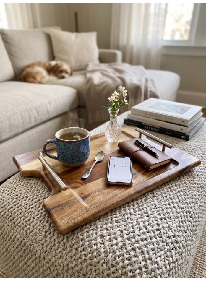 HomePro Summit 45x30 cm Premium Natural Wood Serving Tray / Large Rectangular Charcuterie Board with Stainless Steel Handles, Rustic Modern Decor - Image 3