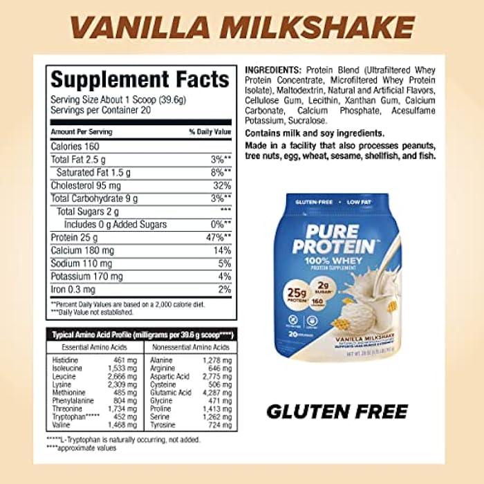 Pure Protein Powder, Whey, High Protein, Low Sugar, Gluten Free, Vanilla Cream, 1.75 lbs - Image 3