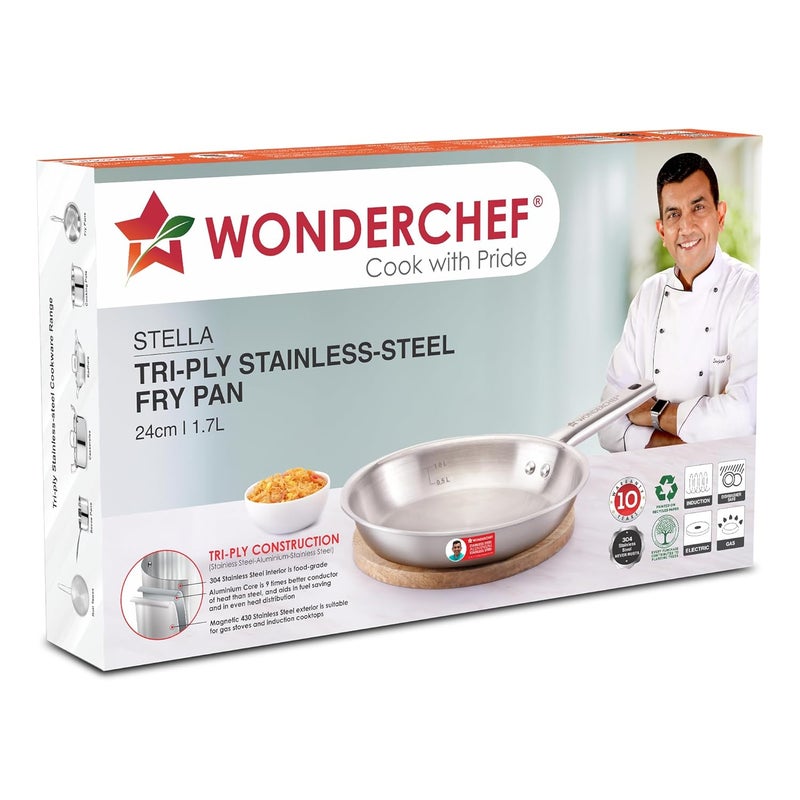 Wonderchef Stella Triply Stainless Steel Fry Pan | 24 cm, 1.7 litres | Compatible with Gas Stove, Induction, Ceramic Cooktop | Non-Toxic | Uniform Heating | Heavy-Duty Handle | 10-Year Warranty - Image 2