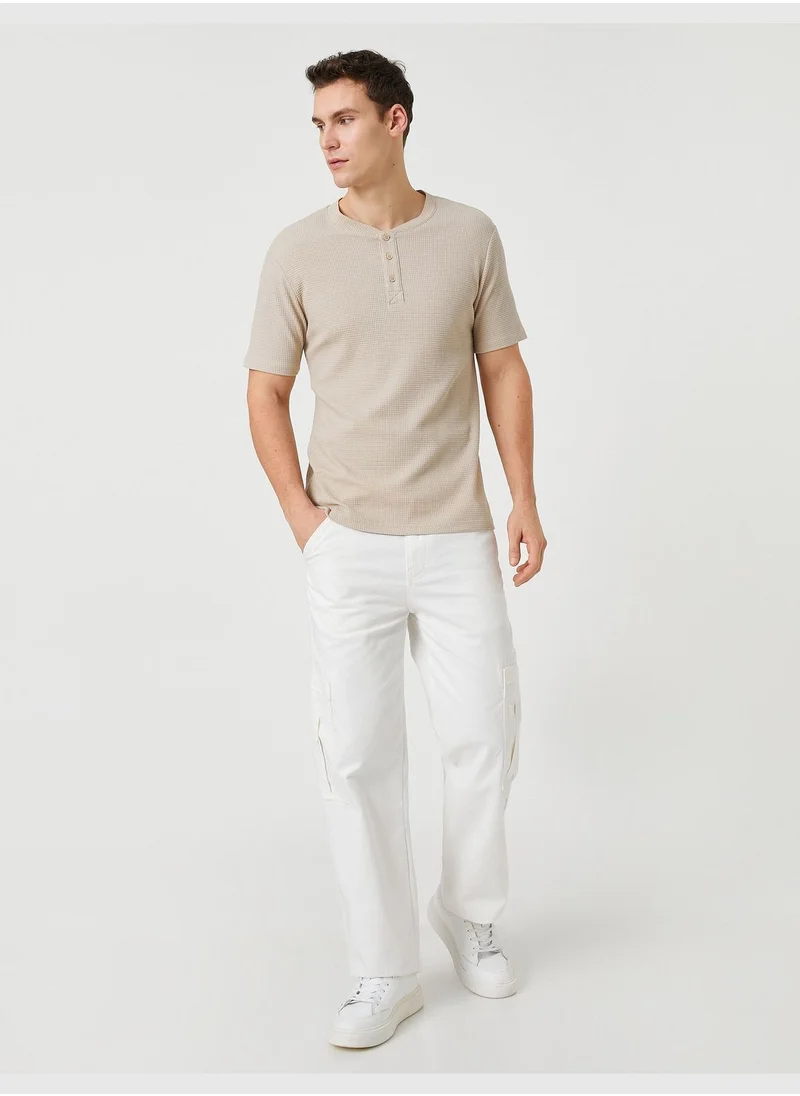 كوتون Basic T-Shirt Mandarin Collar Buttoned Slim Fit Short Sleeve