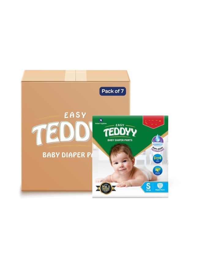 TEDDYY Easy Baby S Size Diaper Pant Style |17 Count (Small) | 3–8 kg (Pack of 7) | Long Protection Hours | Anti-Bacterial | Airy Breathable Fit | Rapid Soaker Channels with Wetness Indicator
