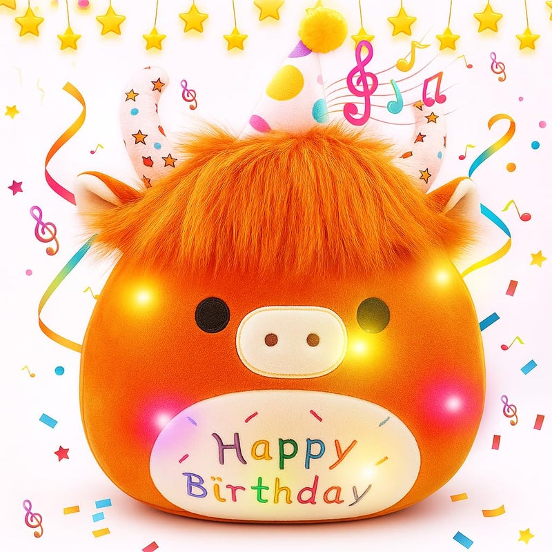 ChezMax Birthday Highland Cow Stuffed Animal 125 Plush Pillow Toy Gift with Light Happy Birthday Music Farm Toys Plushies Cute Dolls for Girls Girlfriend Boys Women Kids - Image 3
