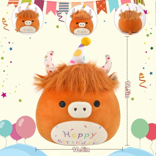 ChezMax Birthday Highland Cow Stuffed Animal 125 Plush Pillow Toy Gift with Light Happy Birthday Music Farm Toys Plushies Cute Dolls for Girls Girlfriend Boys Women Kids - Image 5