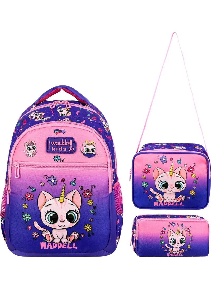 واديل Licensed Purple-Pink Cat Patterned Girl School Backpack, Lunch Bag and Pencil Case