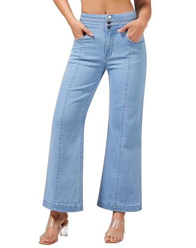 roswear Women's Wide Leg Petite Jeans High Waisted Stretchy Cropped Denim Pants Light Blue Medium - Image 1