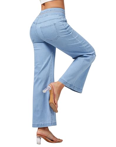 roswear Women's Wide Leg Petite Jeans High Waisted Stretchy Cropped Denim Pants Light Blue Medium - Image 2