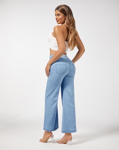 roswear Women's Wide Leg Petite Jeans High Waisted Stretchy Cropped Denim Pants Light Blue Medium - Image 5