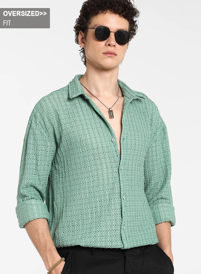 Campus Sutra Men's Sea Green Hollow Knit Oversized Shirt