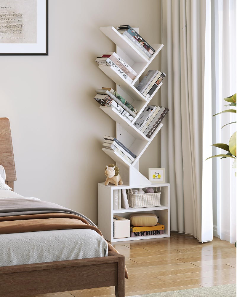 SUNMORY 6 Tier Tree Bookshelf, Tall Bookcase with Storage Cabinet, Modern Narrow Bookshelves Organizer, Floor Standing Book Shelf for Bedroom/Living Room/Home Office/Corner, White - Image 2