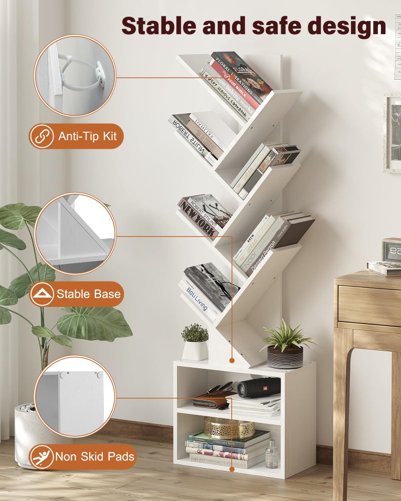 SUNMORY 6 Tier Tree Bookshelf, Tall Bookcase with Storage Cabinet, Modern Narrow Bookshelves Organizer, Floor Standing Book Shelf for Bedroom/Living Room/Home Office/Corner, White - Image 4