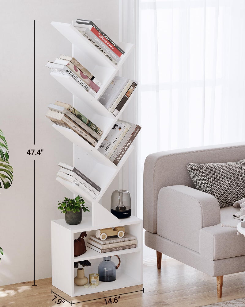SUNMORY 6 Tier Tree Bookshelf, Tall Bookcase with Storage Cabinet, Modern Narrow Bookshelves Organizer, Floor Standing Book Shelf for Bedroom/Living Room/Home Office/Corner, White - Image 5