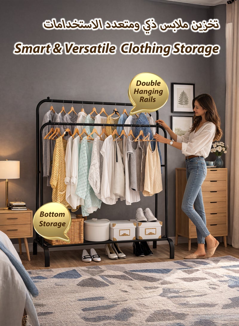 توشيونيكس رف ملابس مزدوج القضبان شديد التحمل، رف تجفيف ملابس مزدوج الطبقات، منظم ملابس، خزانة مفتوحة مع قضيبين للتعليق، خطافات جانبية ورف تخزين سفلي، أنابيب فولاذية قوية، سعة تحميل كبيرة تصل إلى 35 كجم، يتميز بقضيبين أفقيين لتعليق الملابس، مناسب لغرفة الغسيل، الشرفة، ملاءات غرفة النوم، الألحفة، البطانيات، المعاطف، التنانير، القمصان، القبعات، حامل سترات بطول 110 سم - Image 3