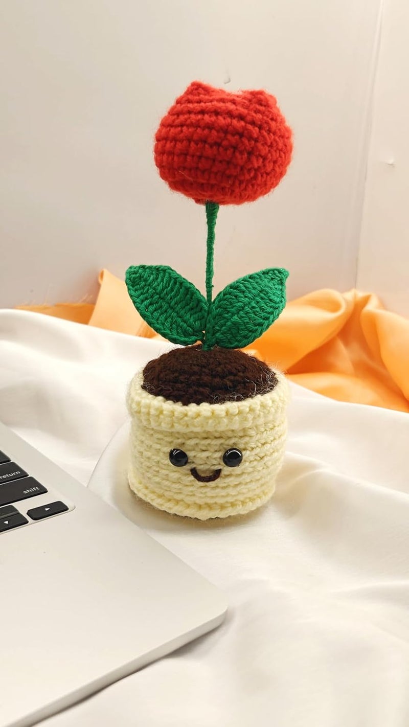 Knotsngifts Red Tulip Mini Pot with Smiley face Pack of 1 Handmade Crochet Flower Pot - Image 2