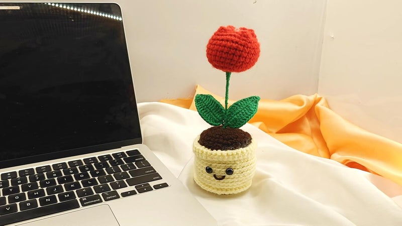 Knotsngifts Red Tulip Mini Pot with Smiley face Pack of 1 Handmade Crochet Flower Pot - Image 1