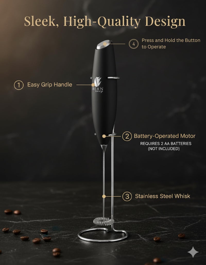 Bean Envy Milk Frother for Coffee Handheld Battery-Operated Electric Milk and Coffee Frother, Mini Electric Drink Mixer, Foamer & Frother with Stand for Coffee, Latte, Hot Chocolates & Shakes - Black - Image 4