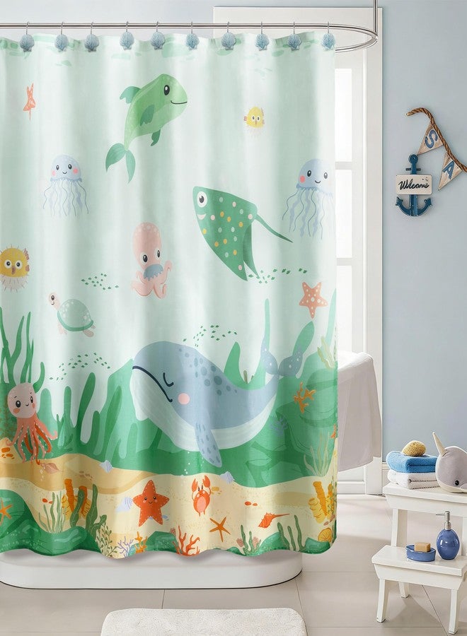 Sunlit Funny Ocean Fabric Kids Shower Curtain, Cute Cartoon Sea Creatures with Whale, Jellyfish & Octopus, Underwater Theme Bathroom Decor for Boys and Girls, 72 x 72 Inches - Image 1