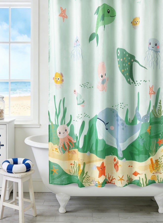 Sunlit Funny Ocean Fabric Kids Shower Curtain, Cute Cartoon Sea Creatures with Whale, Jellyfish & Octopus, Underwater Theme Bathroom Decor for Boys and Girls, 72 x 72 Inches - Image 5