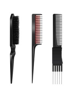 Patelai 3 Pieces Pick Teasing Combs Hair Brush Set Includes Black Carbon Lift Teasing Combs with Metal Prong, Triple Pin Rat Tail Comb, Nylon Bristle Hair Comb Brush for Women (Black and Red)  - Image 1