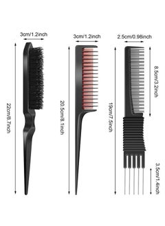 Patelai 3 Pieces Pick Teasing Combs Hair Brush Set Includes Black Carbon Lift Teasing Combs with Metal Prong, Triple Pin Rat Tail Comb, Nylon Bristle Hair Comb Brush for Women (Black and Red)  - Image 2