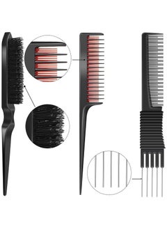 Patelai 3 Pieces Pick Teasing Combs Hair Brush Set Includes Black Carbon Lift Teasing Combs with Metal Prong, Triple Pin Rat Tail Comb, Nylon Bristle Hair Comb Brush for Women (Black and Red)  - Image 3