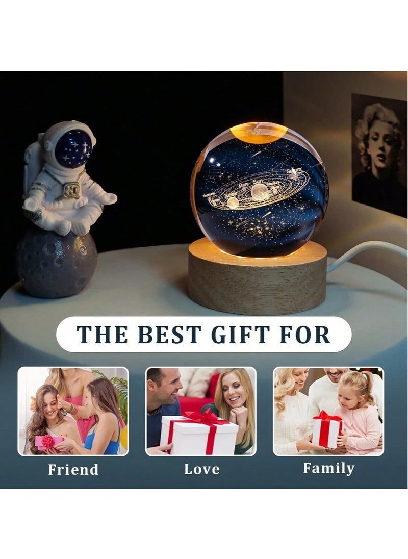 NAGAFA SHOP - 3D Starry Larg Crystal Ball Night Light with Premium Crystal and Wooden Base - Warm Yellow Glow, USB Powered Moon and Solar System Models | Snowman & Santa Designs for a Cozy Bedroom Atmosphere | Ideal for Home Decor, Office, Living Room | Perfect Gift for Astronomy Enthusiasts - Image 1