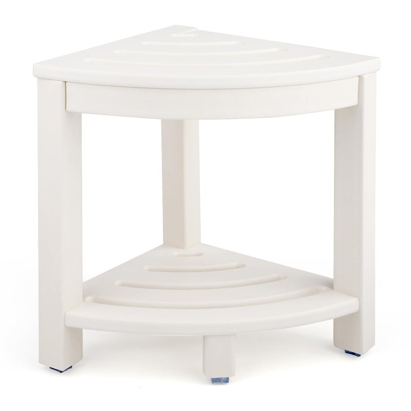 Apolimi HDPE Corner Shower StoolShower Bench Seat with Storage Shelf for Shaving Legs Plastic Spa Bath Step Foot Rest for Bathroom Small Place White