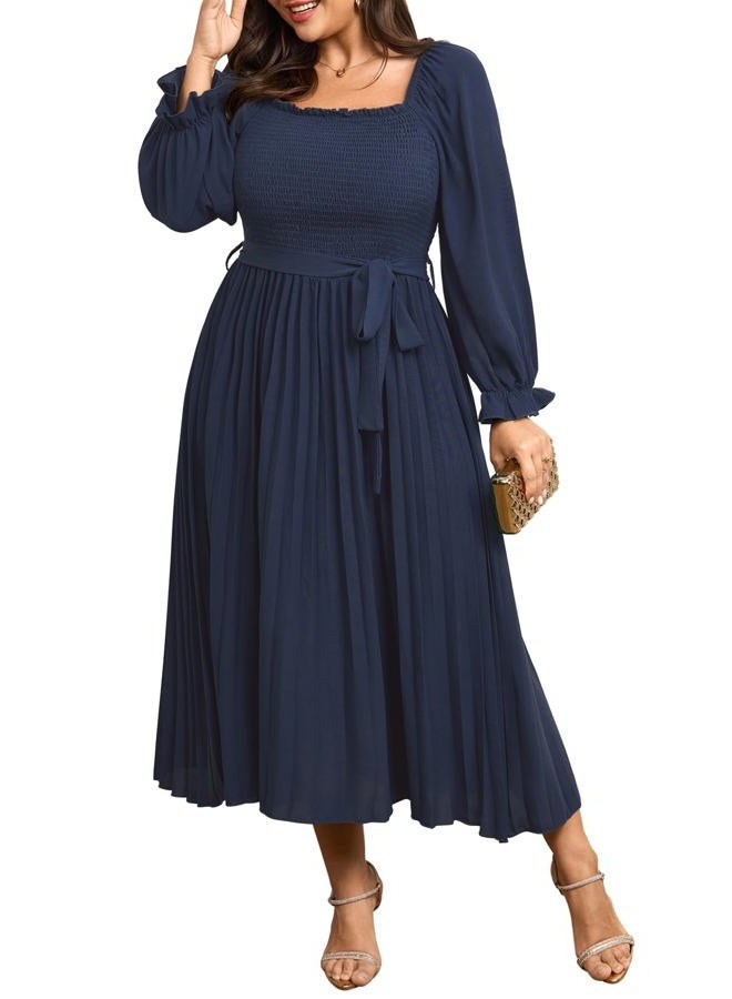 SHESTARR Women's Plus Size Dress Long Sleeve Smocked Square Neck Ruffle Pleated Flowy Wedding Guest Maxi Fall Dress, Blue, 4XL Plus - Image 1