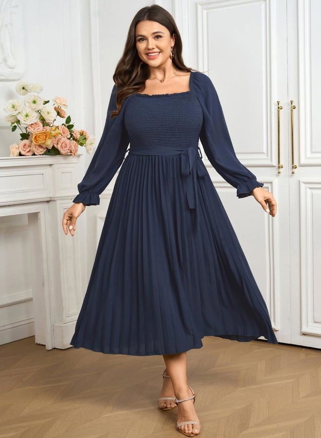SHESTARR Women's Plus Size Dress Long Sleeve Smocked Square Neck Ruffle Pleated Flowy Wedding Guest Maxi Fall Dress, Blue, 4XL Plus - Image 4