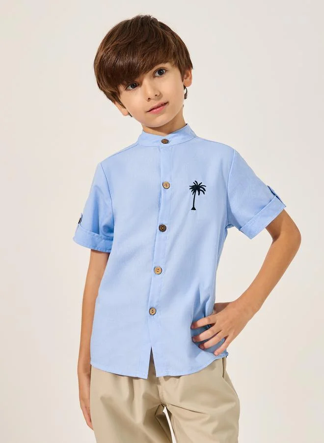 Styli Embroidered Detail Mandarin Collared Shirt