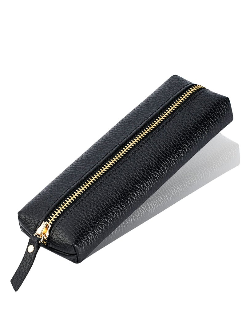Loquat Genuine Leather Pen Case, Portable Cowhide Pencil Pouch with Zipper, Soft Black Simple Pen Bag for Adults, Student, Writer - Image 1