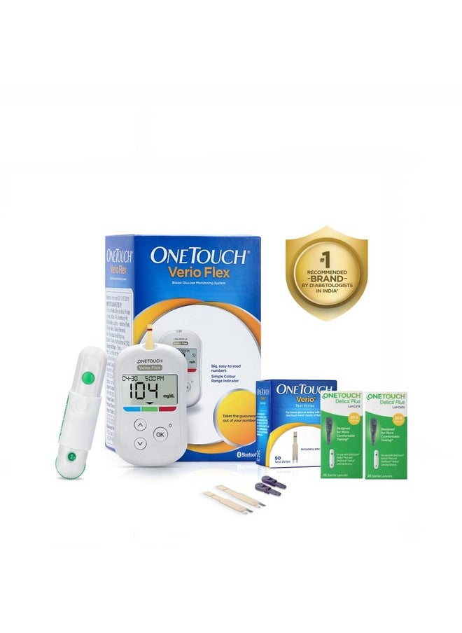 ONETOUCH Verio Flex Glucometer With 50 Test Strips & 50 Additional Lancets (Total 60 Sterile Lancets) | Sync Your Results With Onetouch Reveal Mobile App| Simple & Accurate Testing Of Blood Sugar  - Image 1