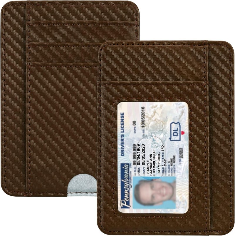 Hot Cool Slim Wallet for Men, Minimalist Front Pocket Simple Leather Credit Card Holder RFID Blocking for Men & Women, Thin Organizer Gifts, Carbon Fiber - Brown - Image 1
